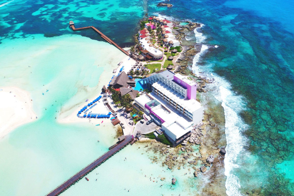 aerial view of famous Mia Reef Isla Mujeres, located on its own tiny island area in Isla Mujeres, Mexico