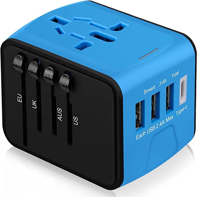 small blue universal international travel power adapter featuring many plugs