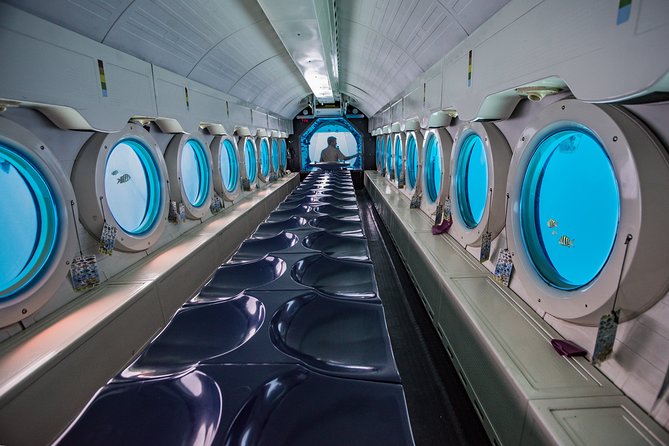 inside of a empty seated submarine in the waters of Cozumel Mexico