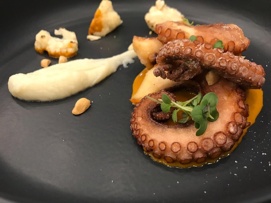 crispy octopus with puree being served at Hectors Kitchen