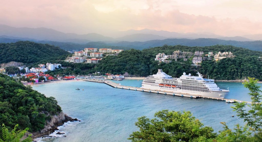 large cruise ship docked at the main Huatulco Beach named Playa Santa Cruz

