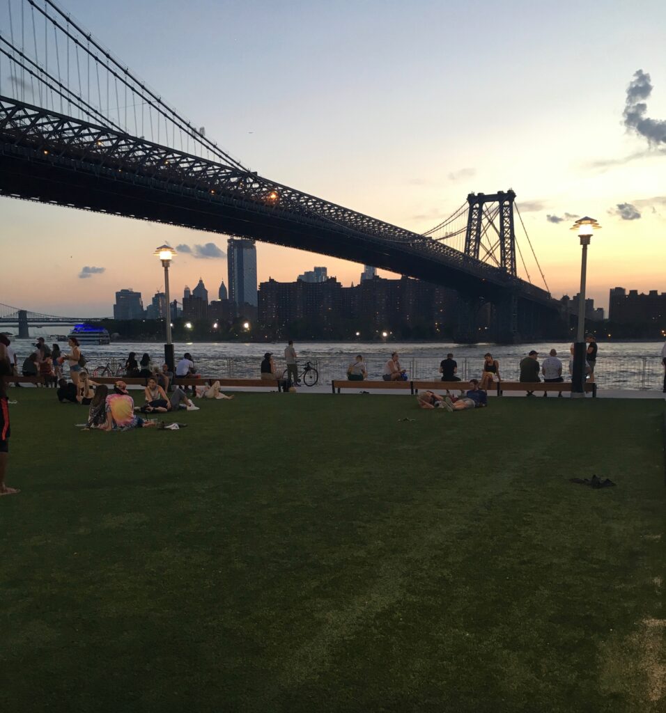 several people sitting on the grass at Domino Park in Williamsburg, Brooklyn