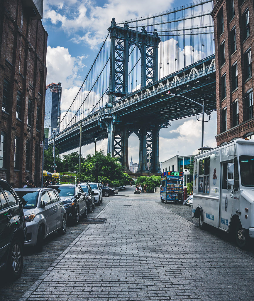 views of the Manhattan Bridge from the iconic Dumbo-Manhattan bridge viewpoint in Dumbo, Brooklyn