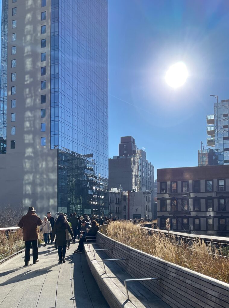 several people walking on The High Line elevated park in New York City