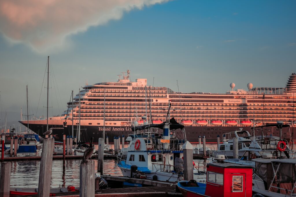 a large cruise ship docked at the Ensenada cruise port 