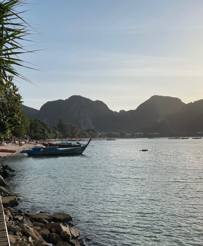 longtail boats docked along the sand with tall forest dense mountains in the background