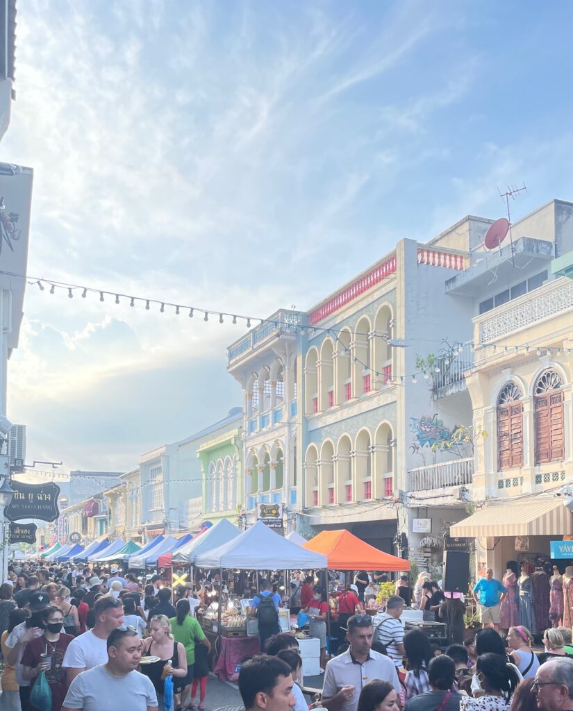 phuket old town sunday market full of stalls and tourists visiting