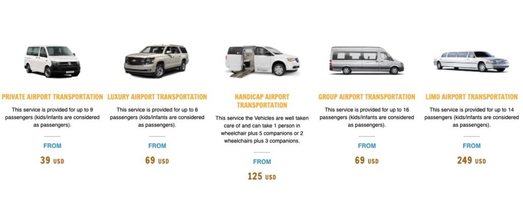 various vehicle types you can book for transportation from Cancun Airport