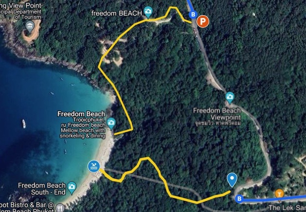 google map showing two different path ways to get to Freedom Beach in Phuket, Thailand 