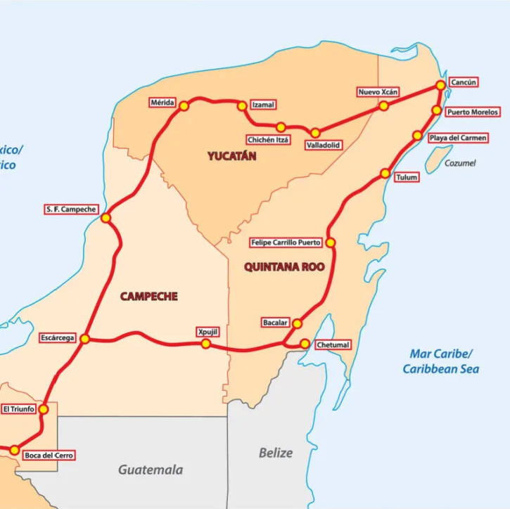full detailed map of the route for the Mayan Train in Mexico