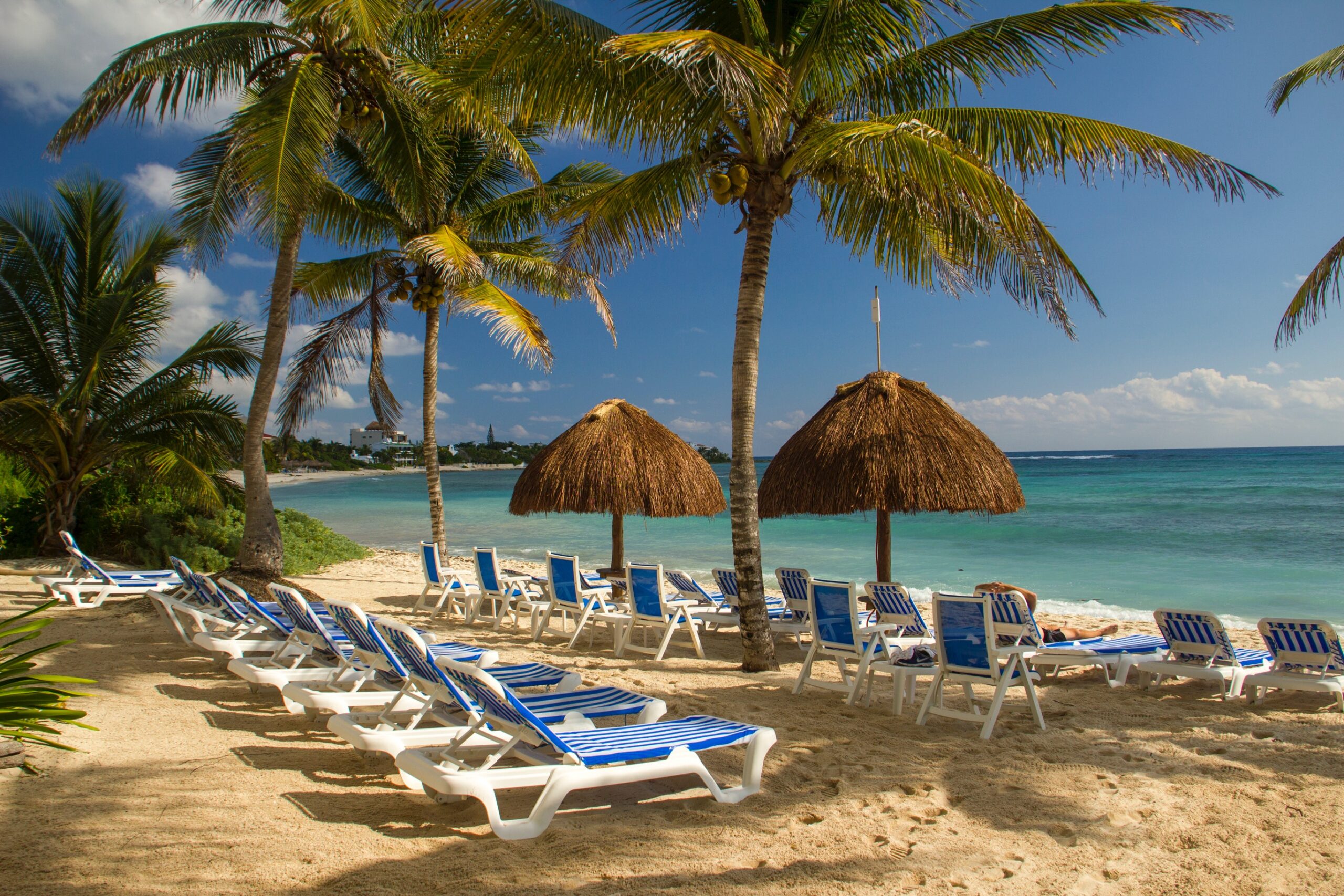 several beach loungers with palapas as umbrellas and palm trees at Akumal beach in Mexico, small beach towns near cancun
