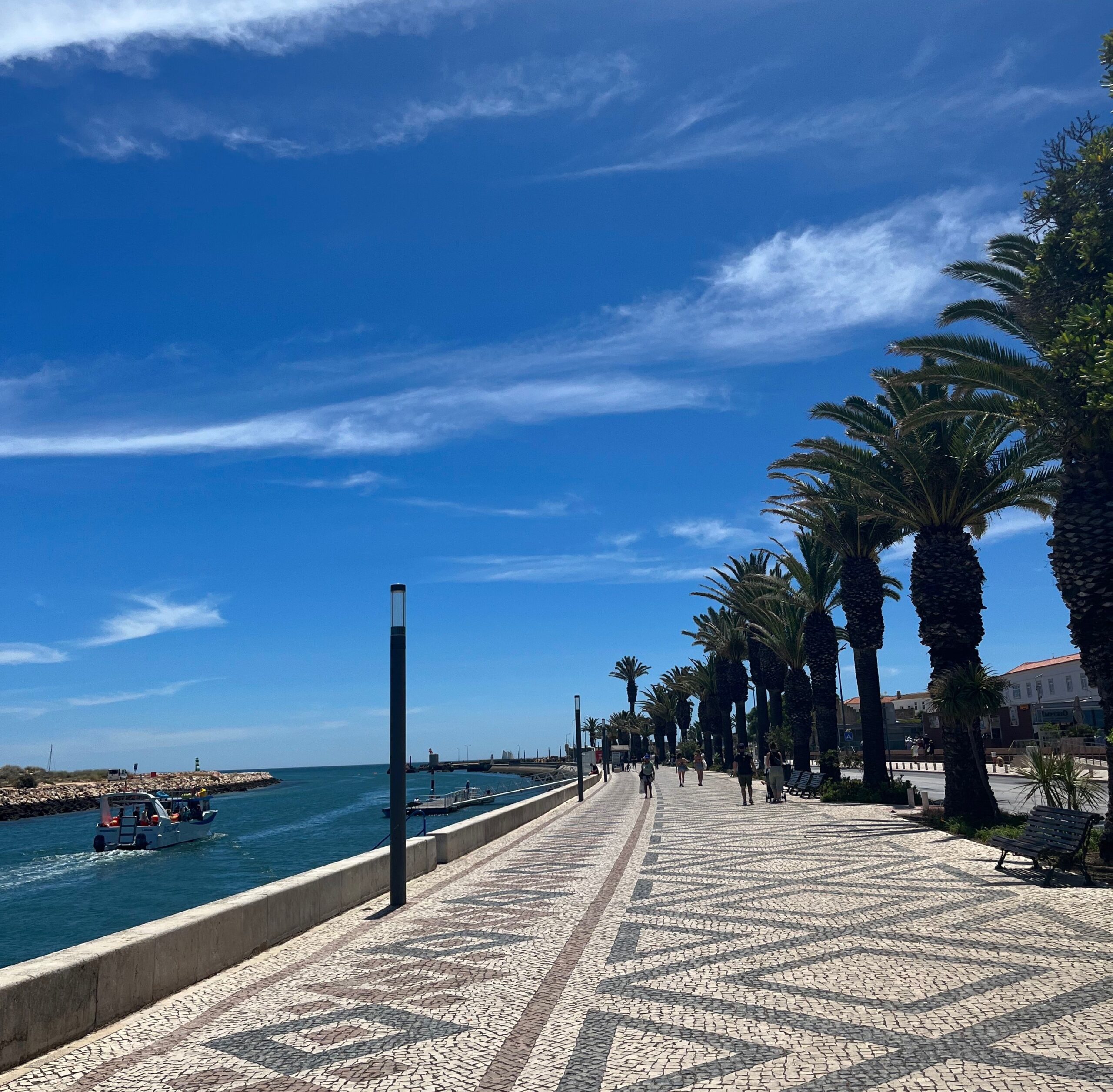 beautiful cobblestone boardwalk by the water with several palm trees lined up in Lagos, is Lagos Portugal worth visiting?