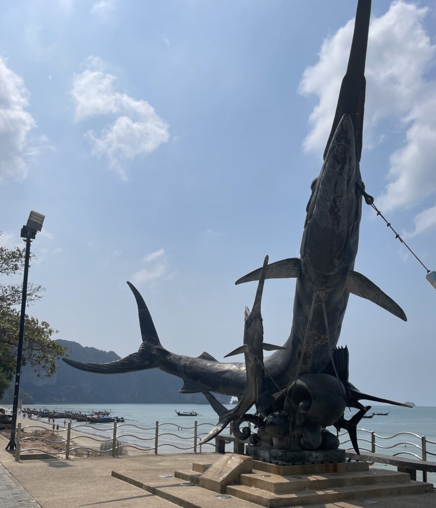 giant swordfish statue on the boardwalk in Ao Nang, Krabi, Thailand