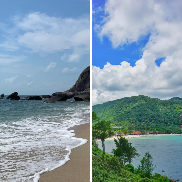 side by side photo comparing Koh Samui or Koh Phangan two popular beaches