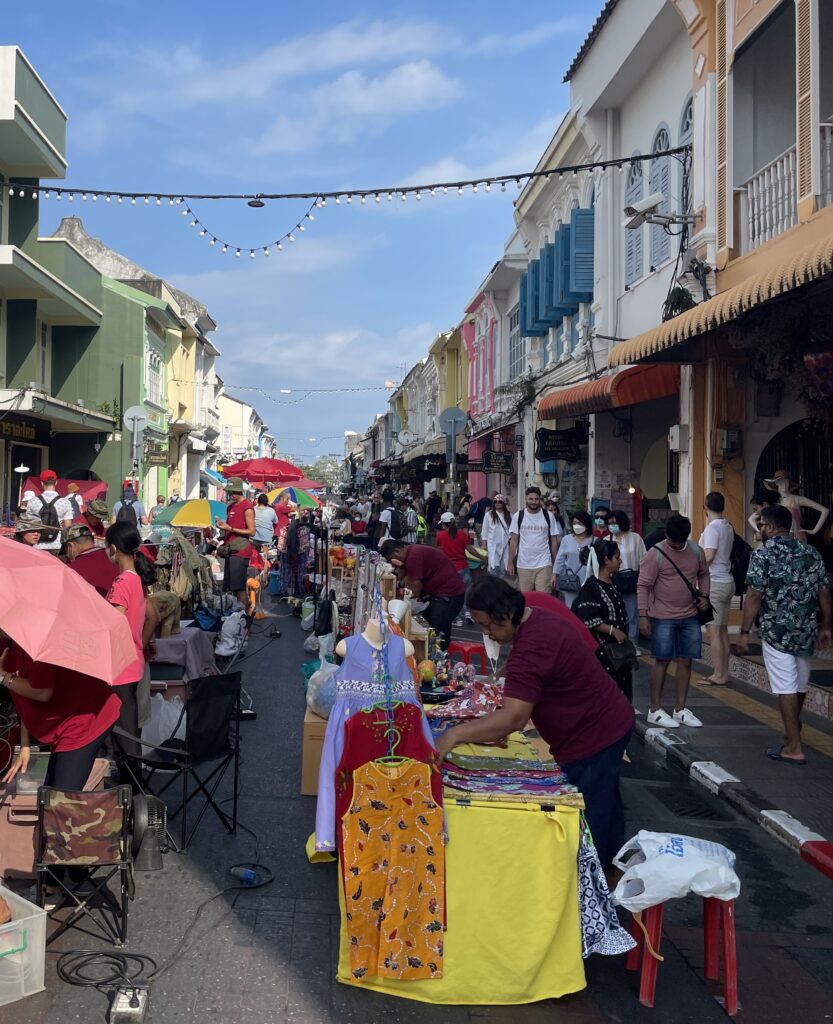 several vendors along Thalang Rd in Old Phuket Town setup for the famous Phuket Sunday Night Market