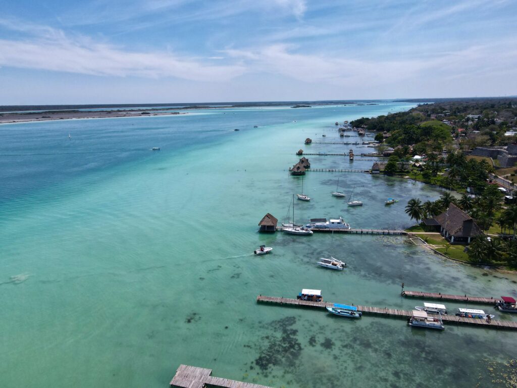 aerial view of the Bacalar Lagoon showing many boardwalks into the famous lagoon