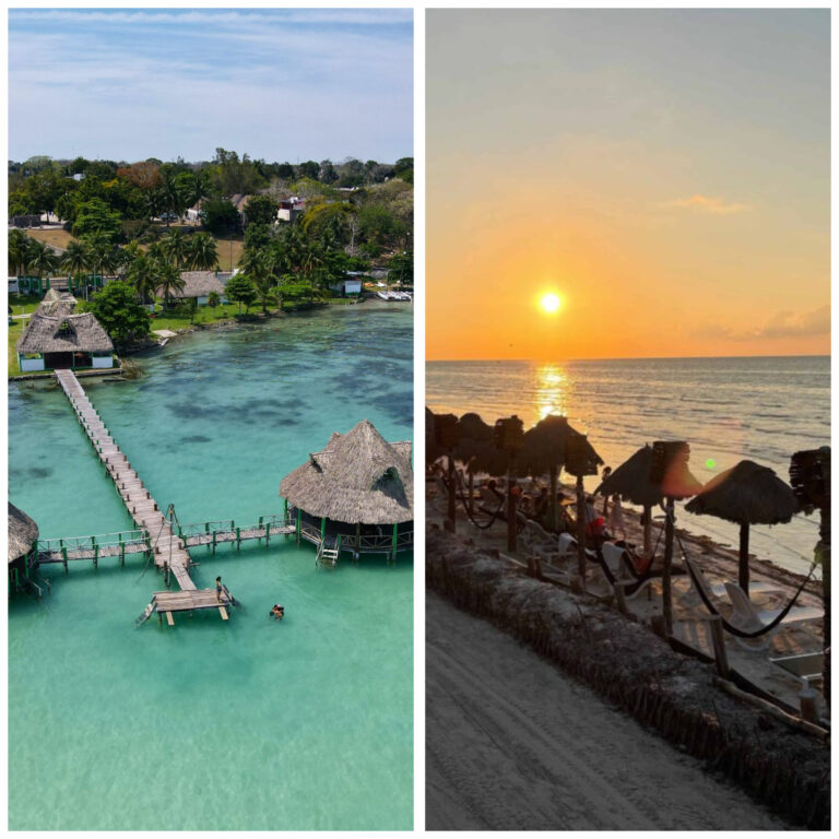 side by side photos comparing Bacalar or Holbox both popular laidback destinations in Mexico