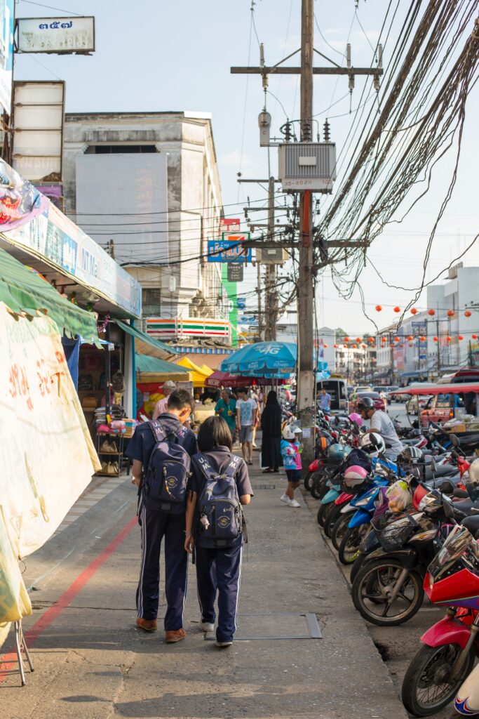 crowded busy streets full of locals and tourist in Krabi Town, Thailand