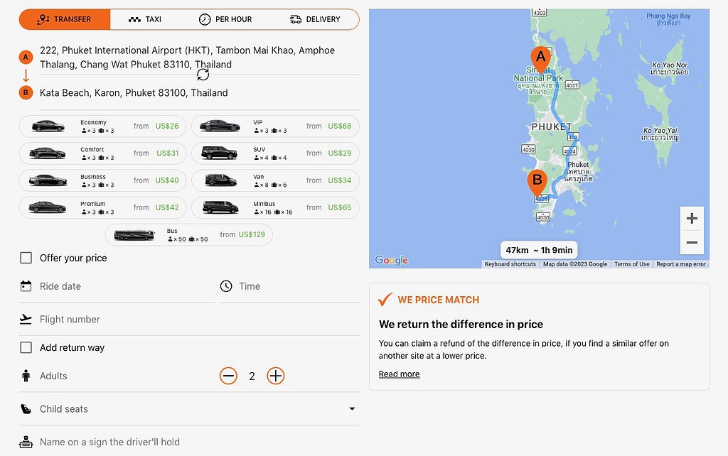 various vehicle types and prices shown for quotes from Phuket Airport to Kata Beach in Phuket, Thailand  