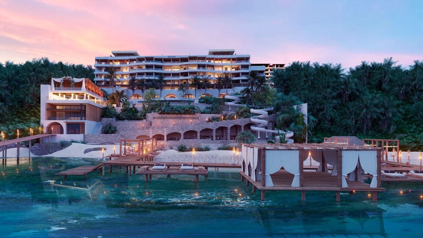 views of the entire beautiful Impressions by secrets resort along the Northern part of Isla Mujeres, Mexico