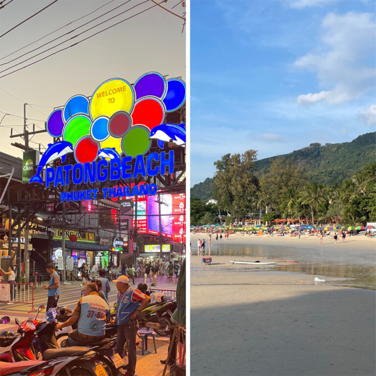 side by side photos comparing Patong Beach or Kata Beach, two most popular beach areas in Phuket, Thailand