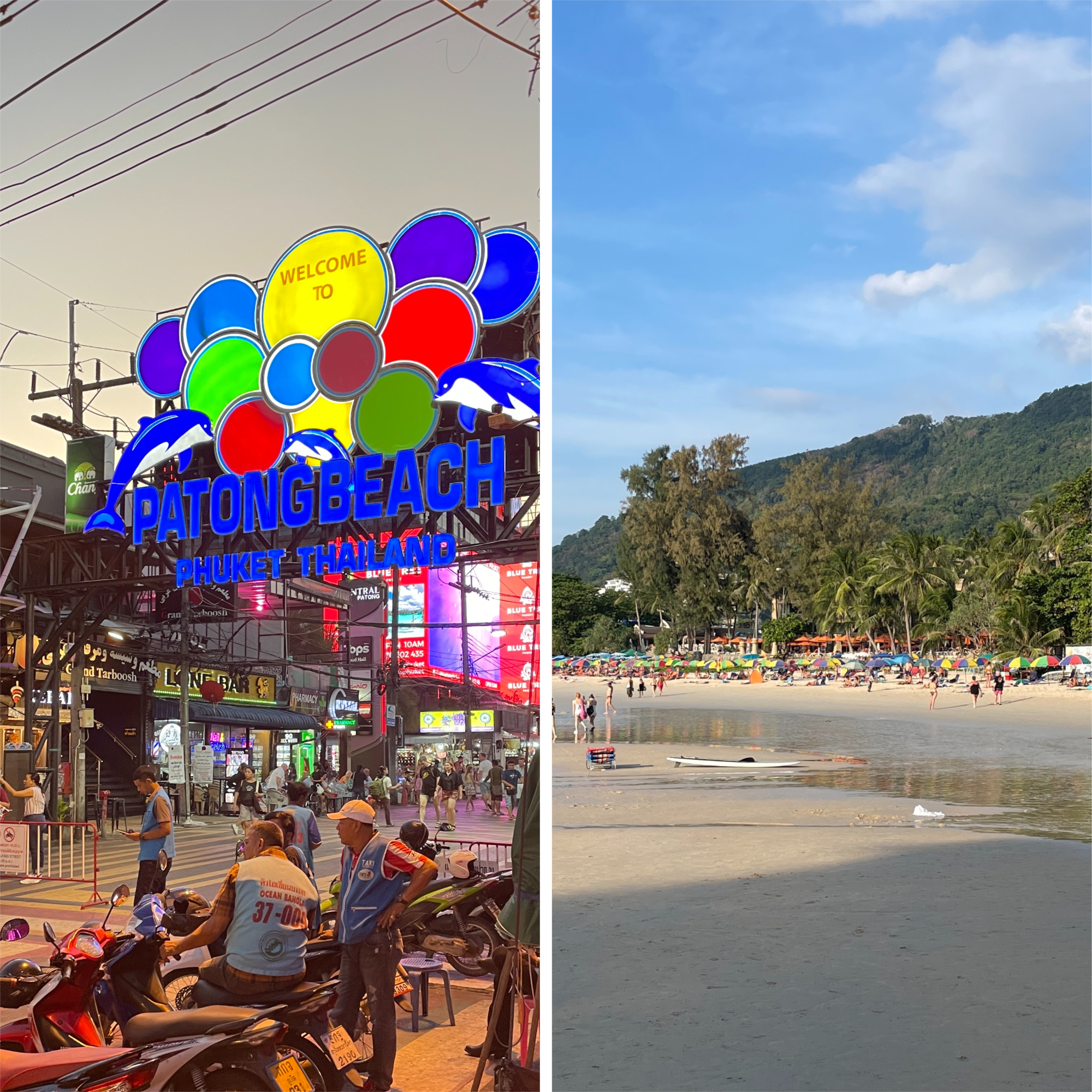 side by side photos comparing Patong Beach or Kata Beach, two most popular beach areas in Phuket, Thailand
