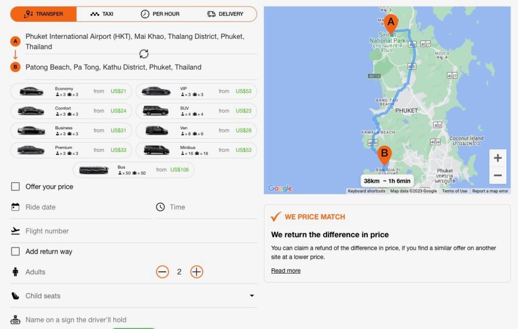 many different vehicle options for airport transfer from Phuket Airport to Patong Beach 