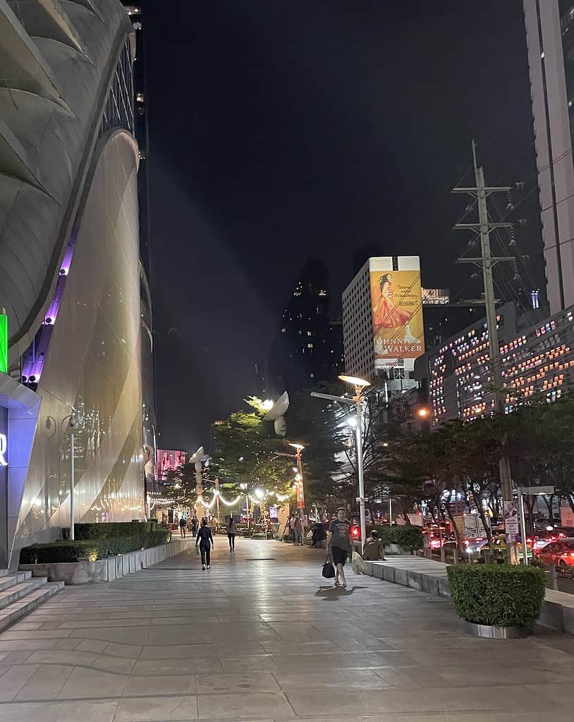 empty street in the centre of Bangkok at night 