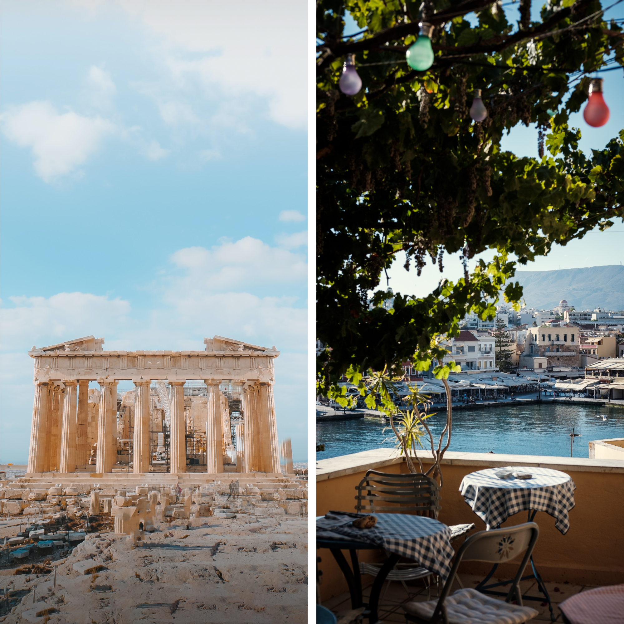 side by side photo comparing two popular tourist attractions Athens vs Crete, Greece