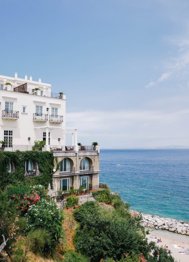 beautiful Italian architecture hotel overlooking the beach and sea in Capri, Italy
