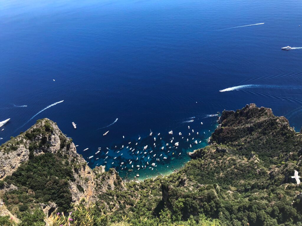 views of the coastal bay from Monte Solaro in Capri full of boats and yachts sailing by 
