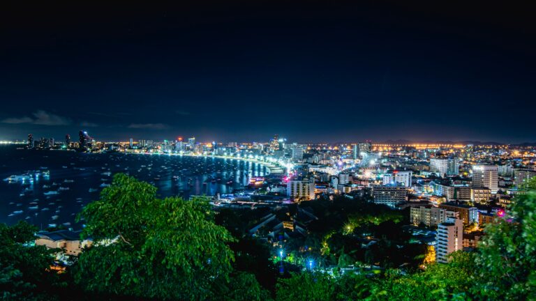 aerial views of the colourful lit skyline in Pattaya City, Thailand