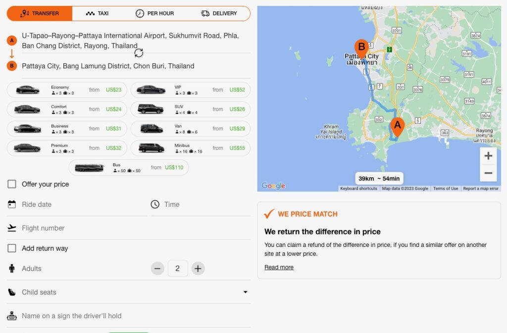 several vehicle options offering transfer from Pattaya Airport to Pattaya City 