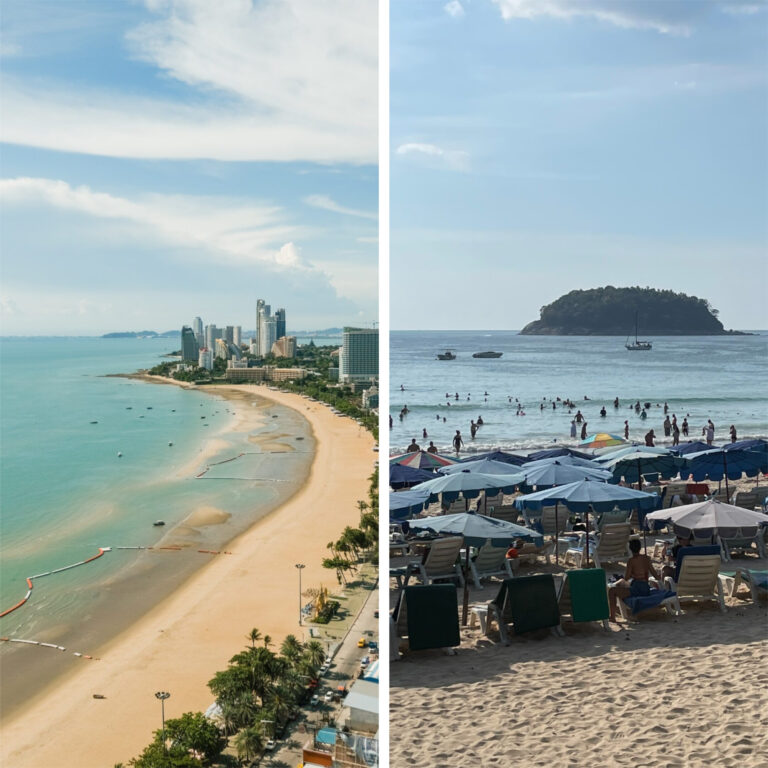 side by side photos comparing Phuket or Pattaya beaches