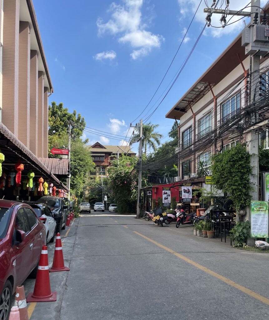 small charming side street with palm trees, shops and restaurants in Chiang Mai