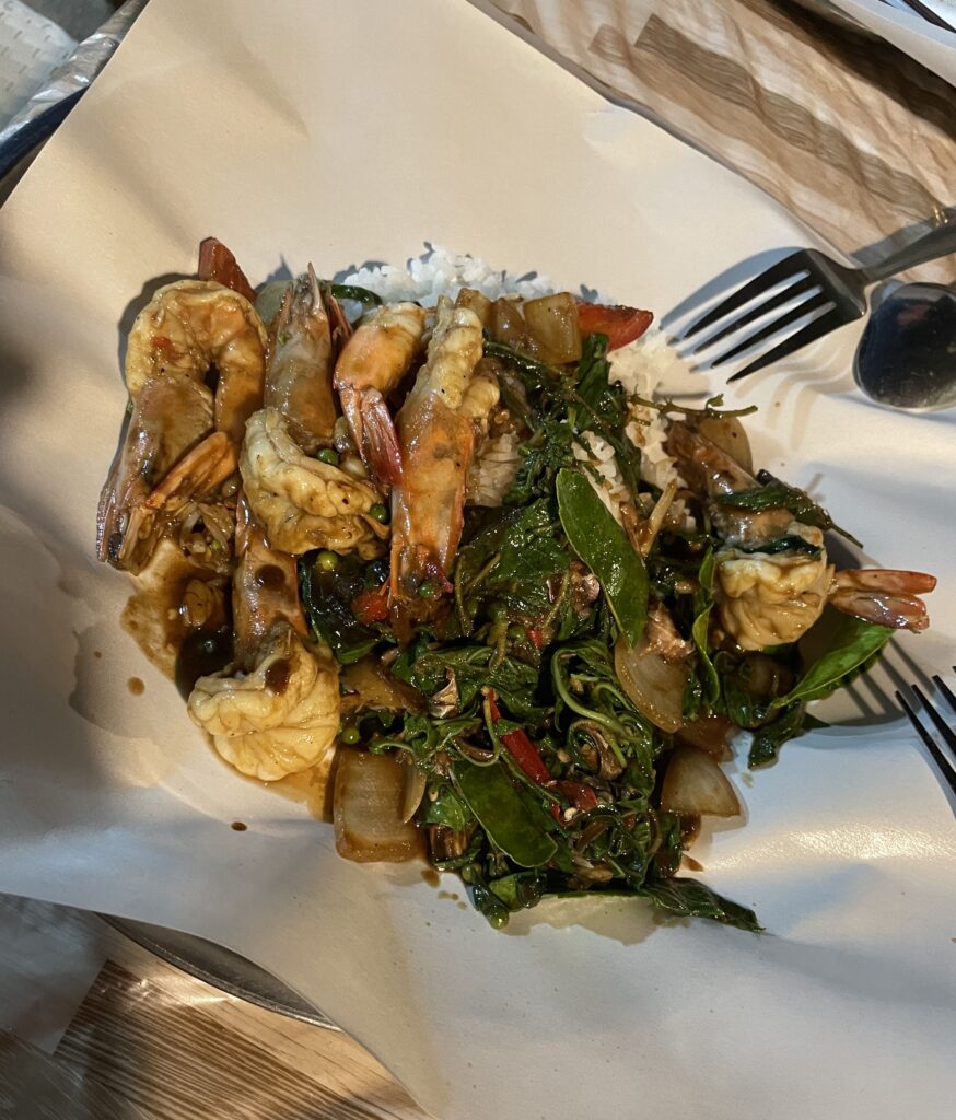 stir fired basil dish with shrimp served street side in Pai, Thailand 