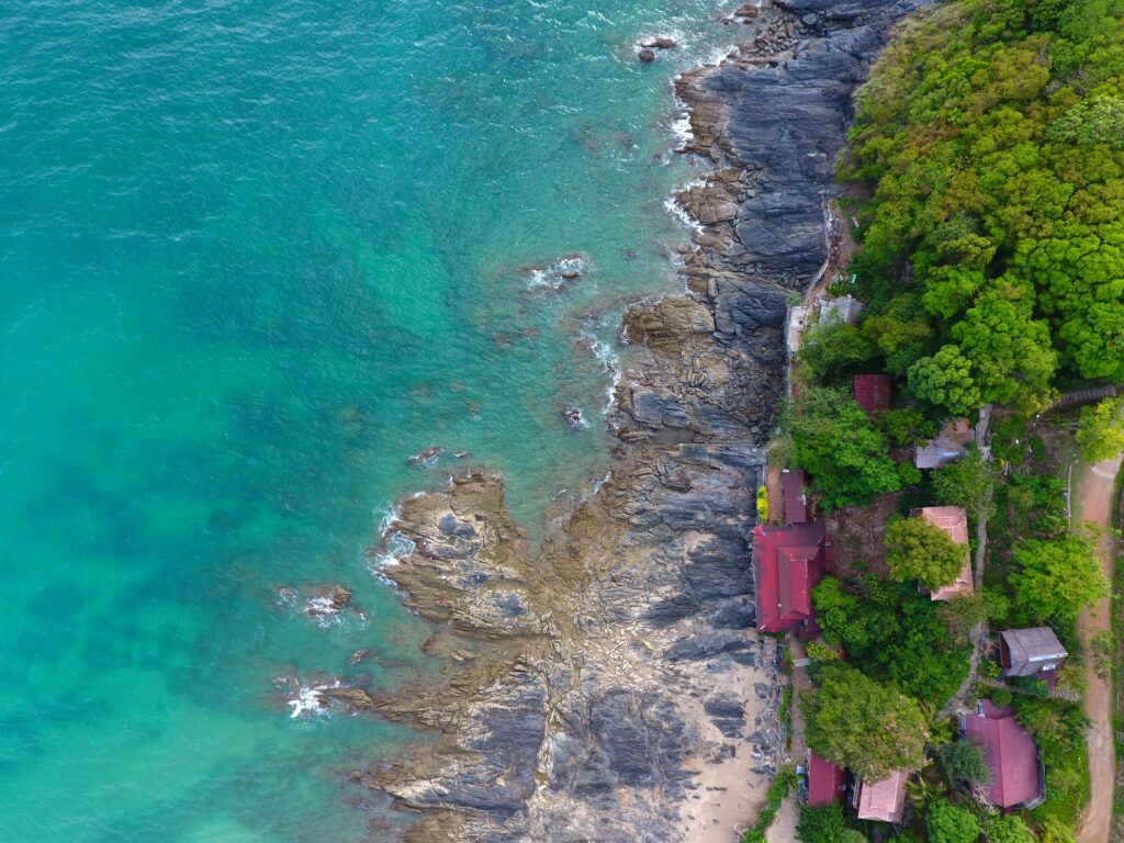 aerial shot of homes along the coastline in Koh Lanta, Thailand 