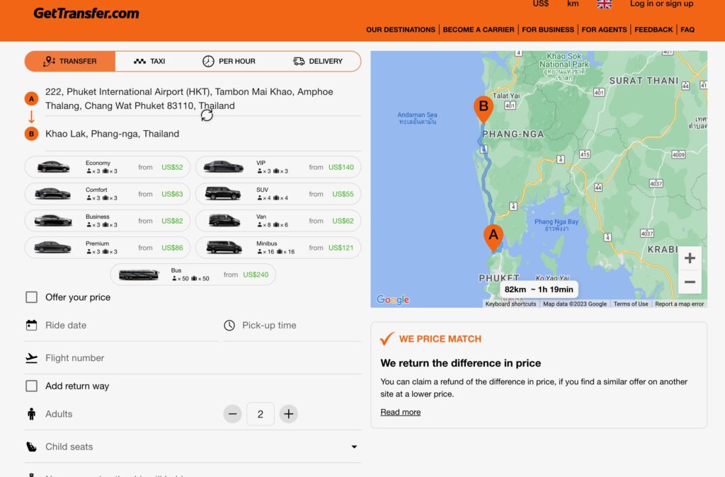 various vehicle options shown for Phuket Airport to Khao Lak transfers 