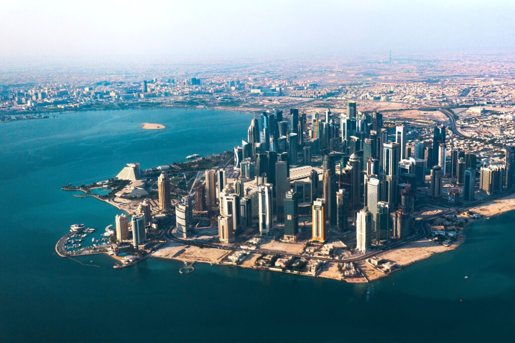 aerial views of the dense skyscrapers in Doha, Qater 