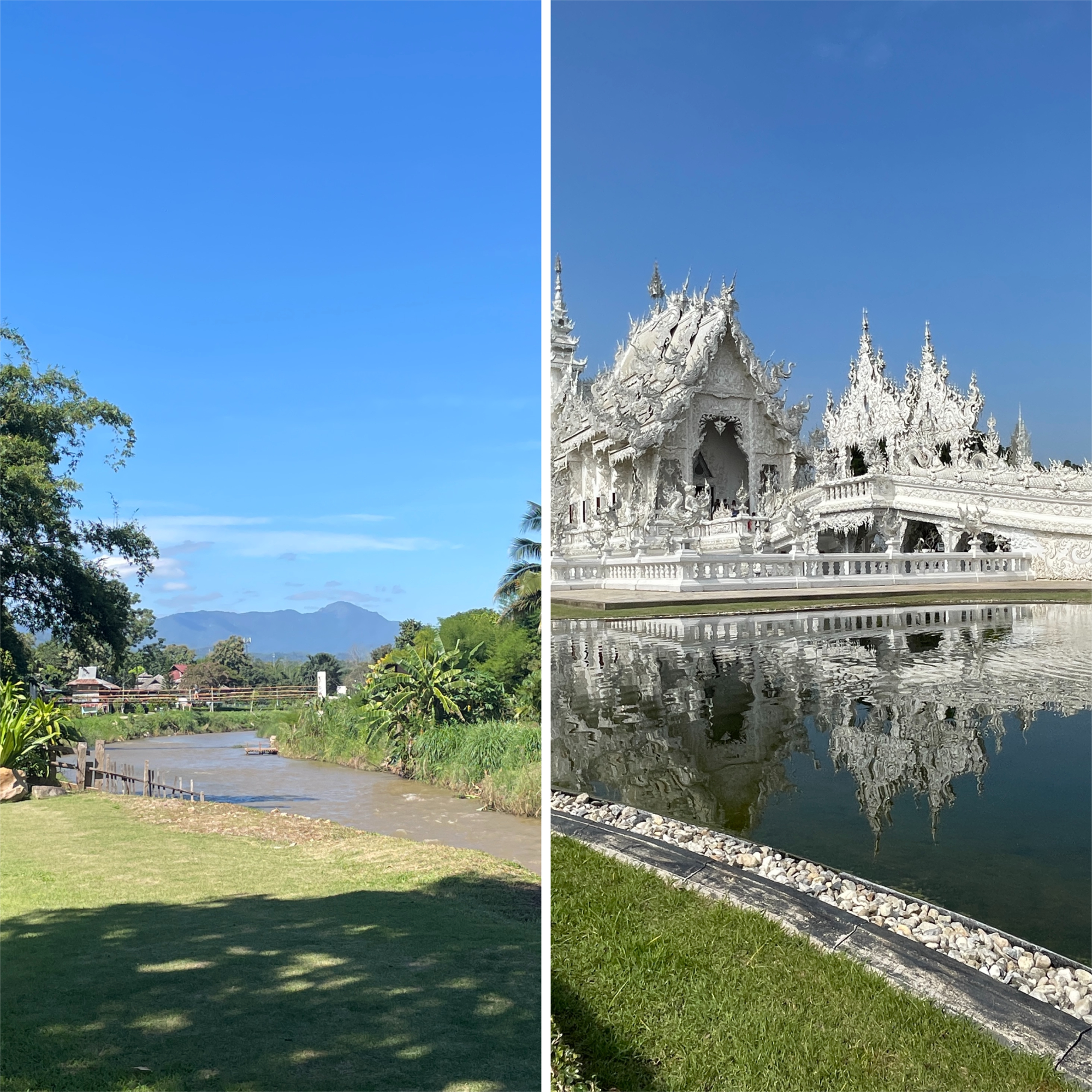 side by side photos comparing Pai or Chiang Rai; left side includes Pai's charming river in the countryside, on the right side is Chiang Rai's world famous White Temple