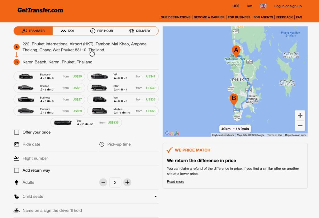 airport transfer service from Phuket Airport to Karon Beach offering many vehicle sizes for airport pickup 
