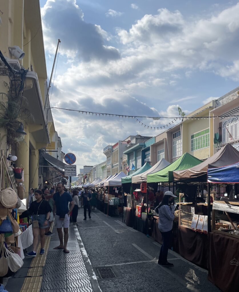 several food vendor stalls at the Old Phuket Town Sunday Market 