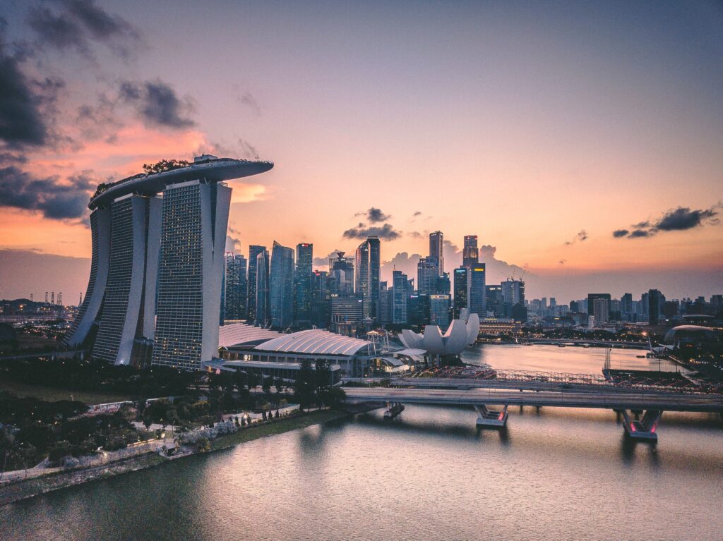 views of the main bridge and famous hotel Marina Bay Sands in Singapore 