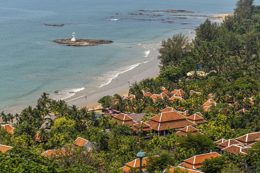 aerial views of several villas overlooking the sea in Khao Lak, Thailand