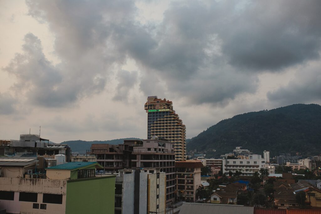 cloudy weather over many buildings in Phuket, Thailand during off season 
