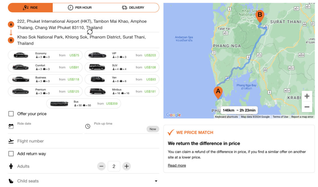 photo of private taxi service showing all the vehicles available for booking offering service from Phuket Airport to Khao Sok National Park