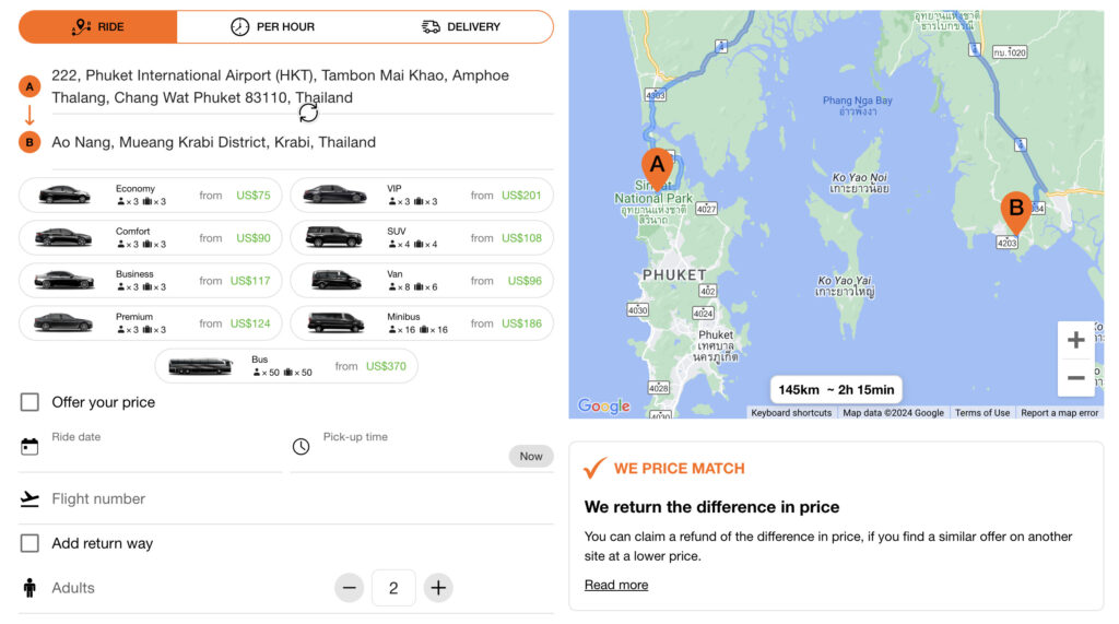 many vehicle sizes and a map showing transfer options from Phuket Airport to Ao Nang 