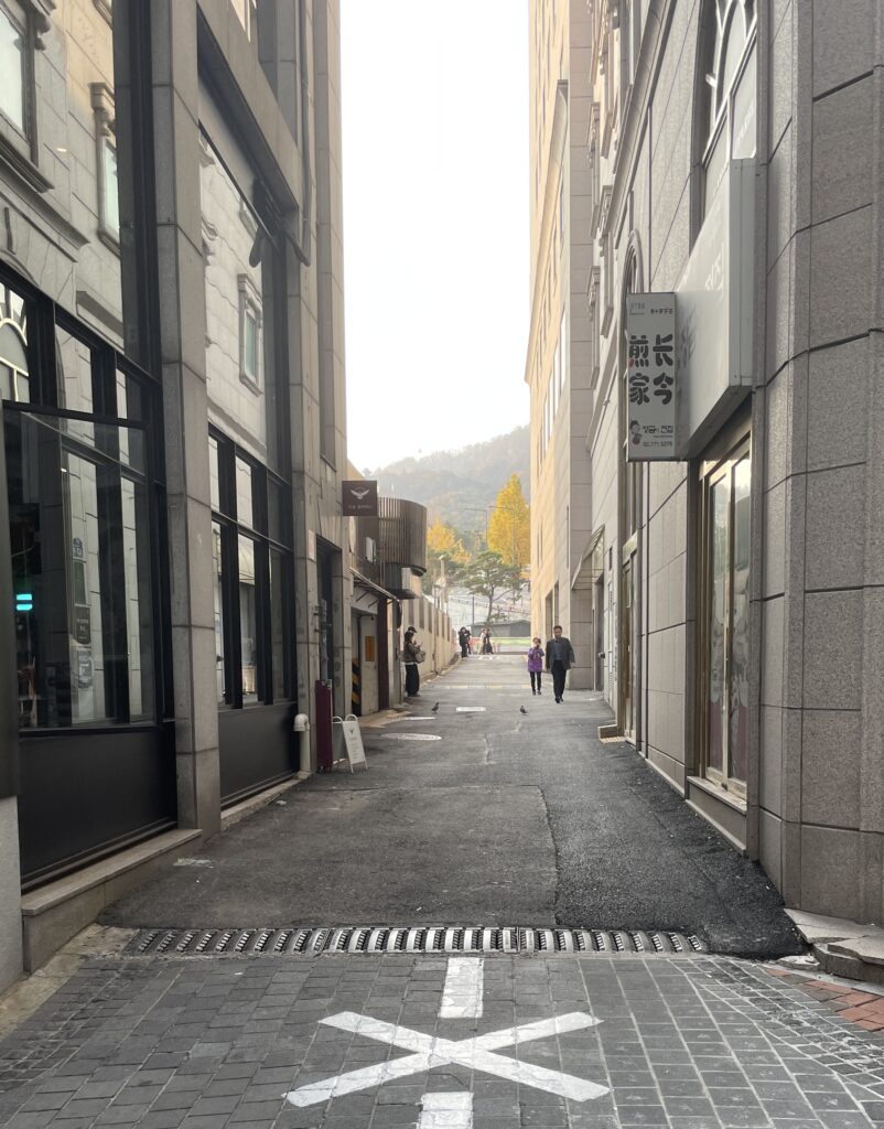 the charming paved streets of Myeongdong in the Fall on a sunny day with a mountain in the distance 