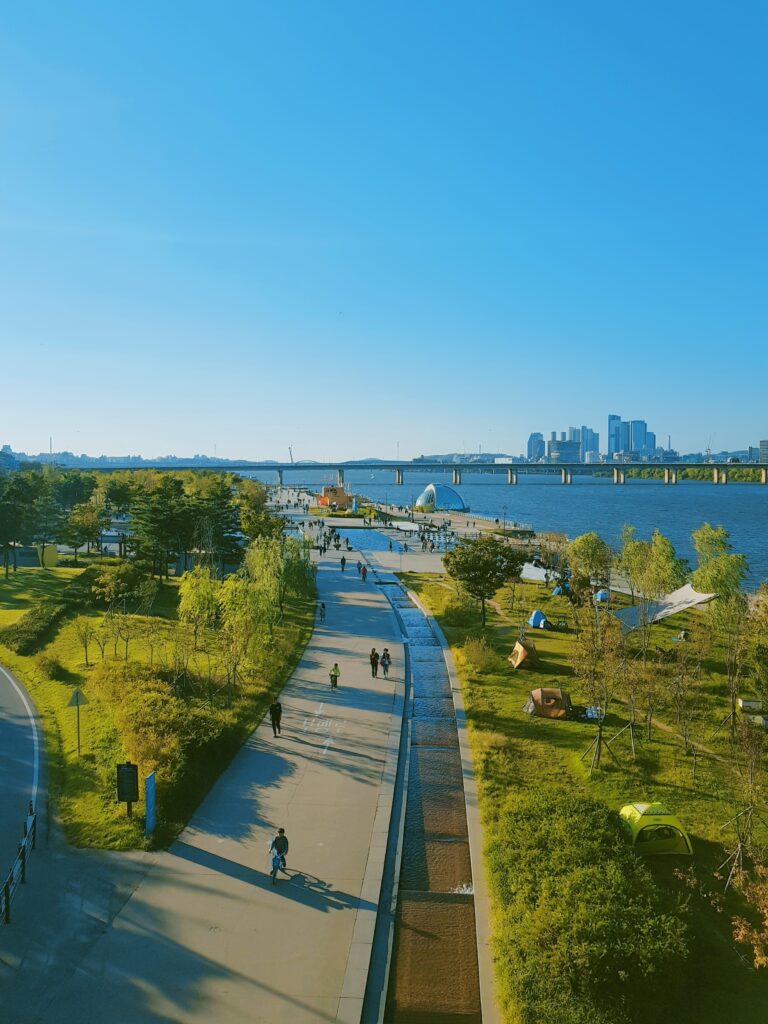 aerial view from locals biking and walking amongst greenery and the Yaouido Hanriver Park in Seoul