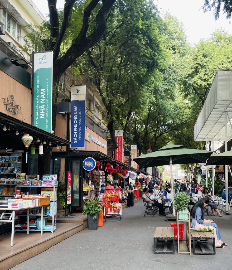 charming street full of book stores, cafes with many trees in Saigon, known as Ho Chi Minh Book Street